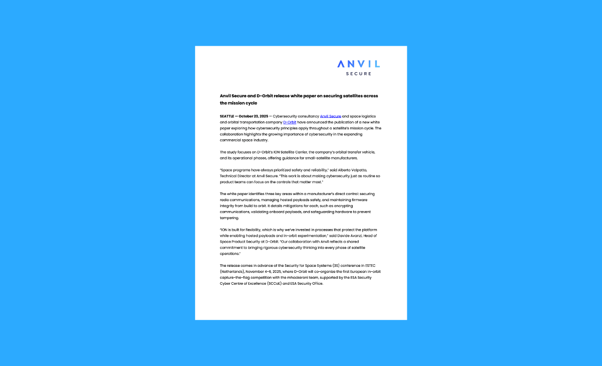 Anvil Secure and D-Orbit release whitepaper on securing satellites across the mission cycle